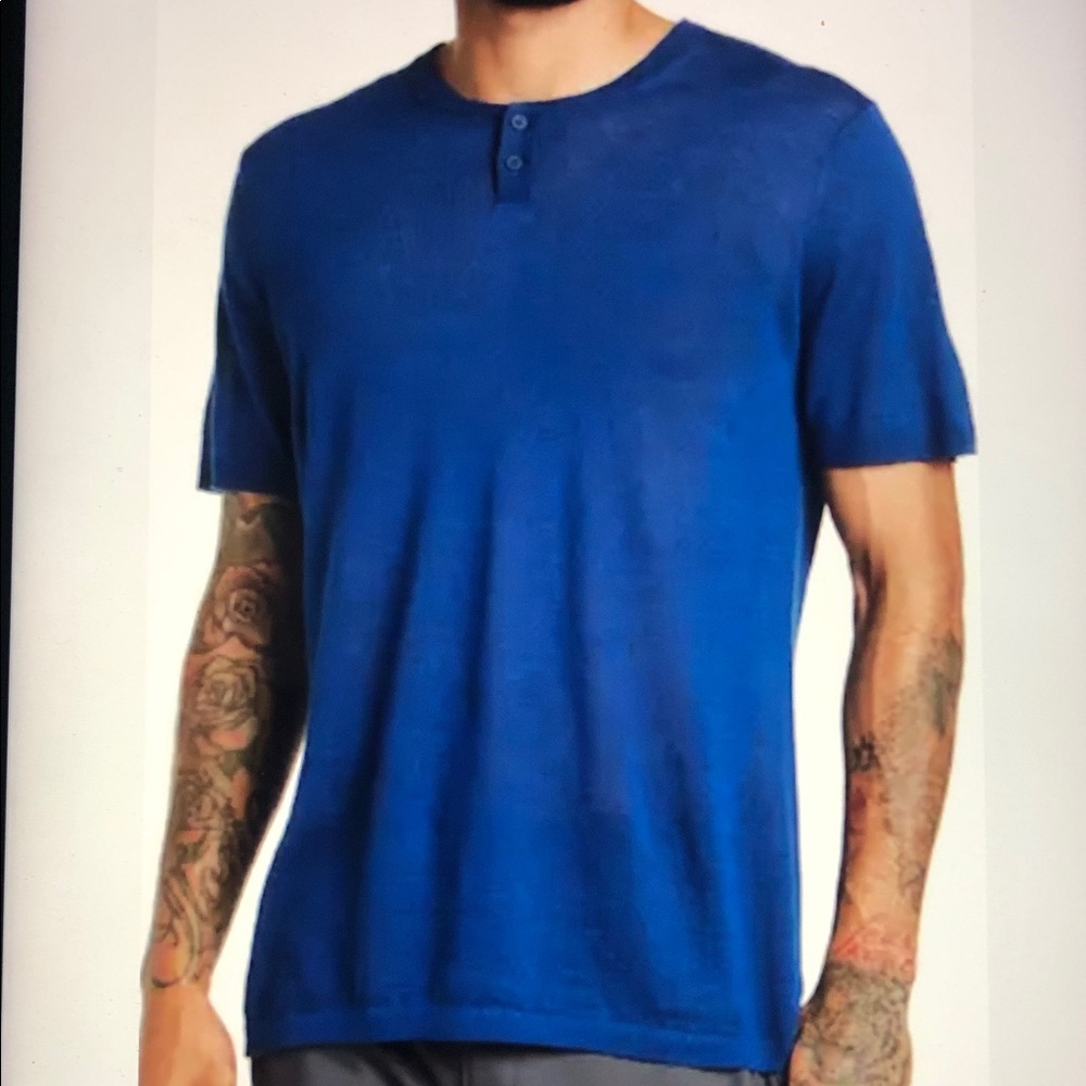 Autumn Cashmere Blue Slub Cotton-Linen Blend Henley Short Sleeves Size XL